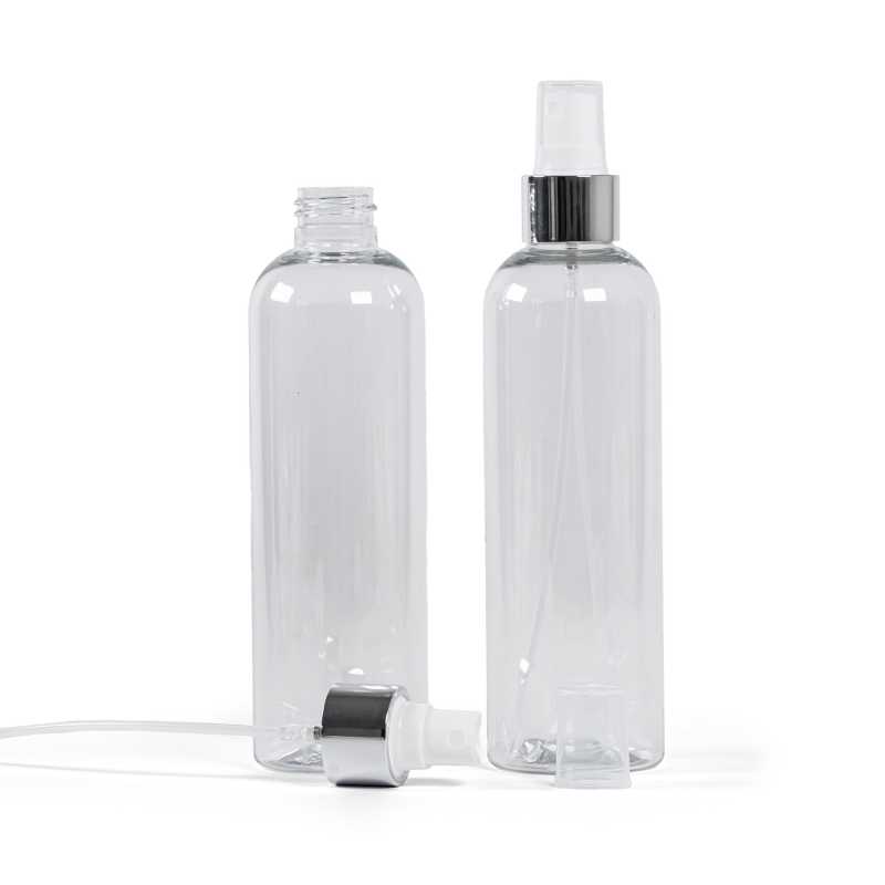 Botella de plástico transparente, pulverizador blanco, anillo plateado brillante, 250 ml
