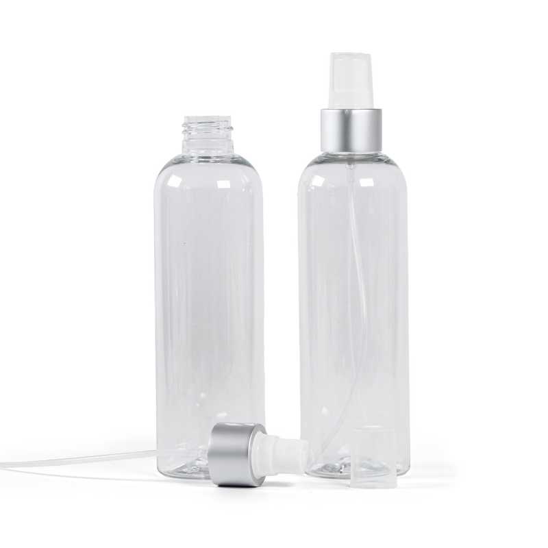 Botella de plástico transparente, pulverizador blanco, anillo plateado mate, 250 ml
