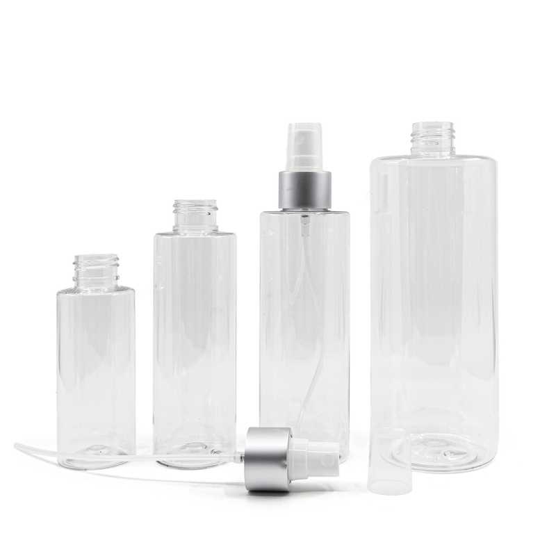 Botella de plástico transparente, pulverizador blanco, anillo plateado mate, 500 ml