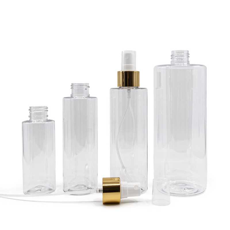 Botella de plástico transparente, pulverizador blanco, anillo dorado brillante, 200 ml
