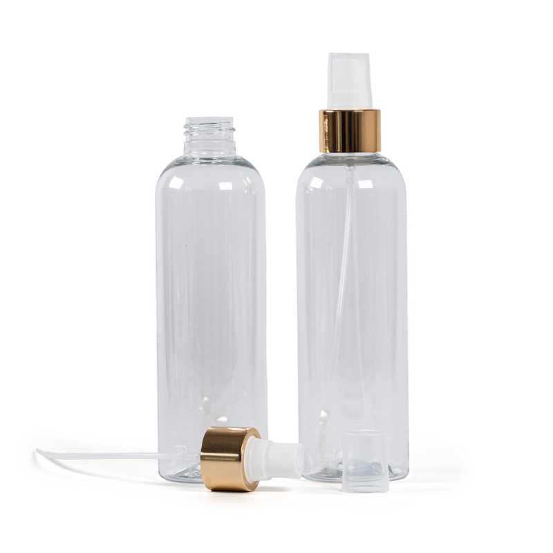 Botella de plástico transparente, pulverizador blanco, anillo dorado brillante, 250 ml