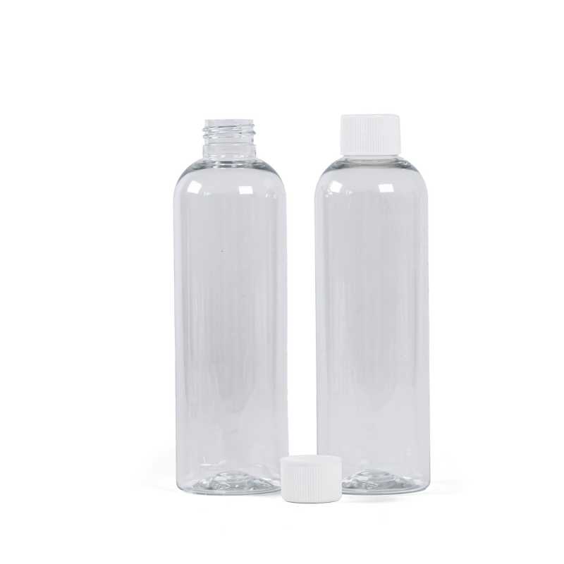 Botella de plástico transparente, 250 ml, tapón blanco
