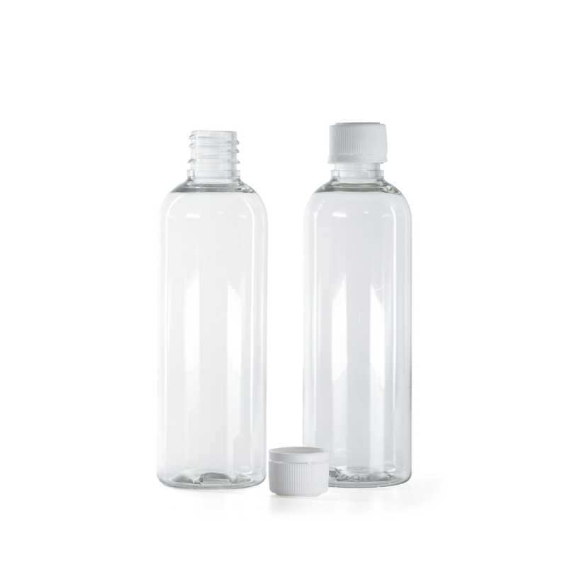 Botella de plástico transparente, tapón de seguridad blanco, 100 ml