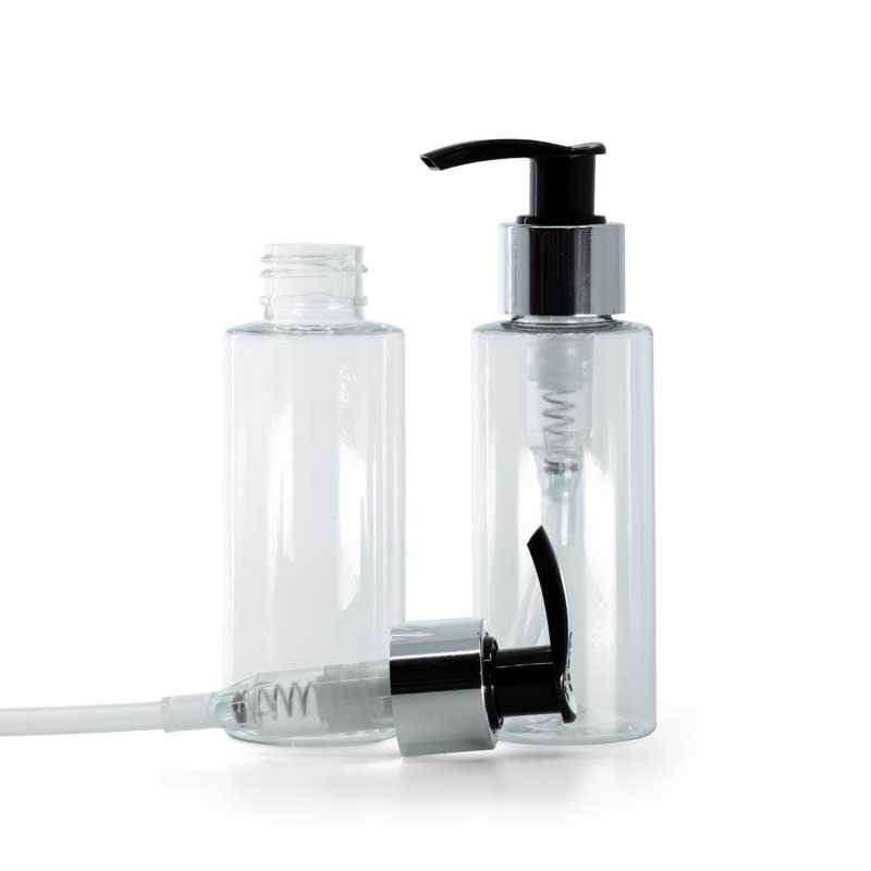 Frasco de plástico transparente, dispensador negro y plateado, 100 ml