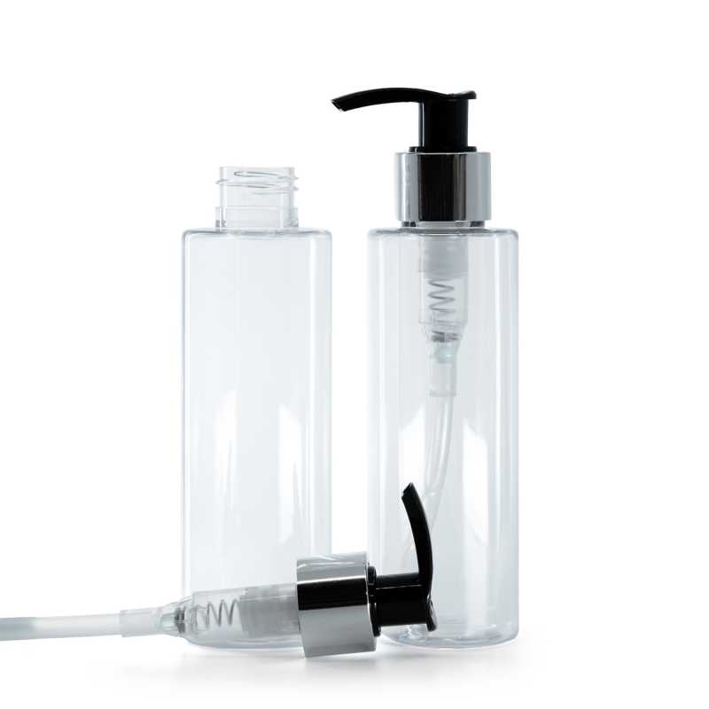 Botella de plástico transparente, dispensador negro y plateado, 150 ml