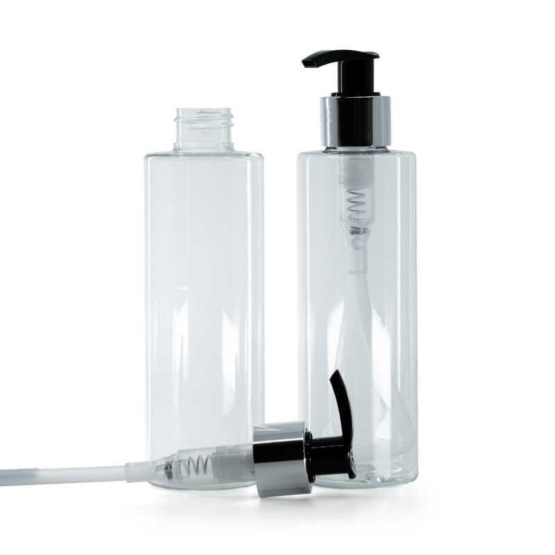 Botella de plástico transparente, dispensador negro y plateado, 200 ml