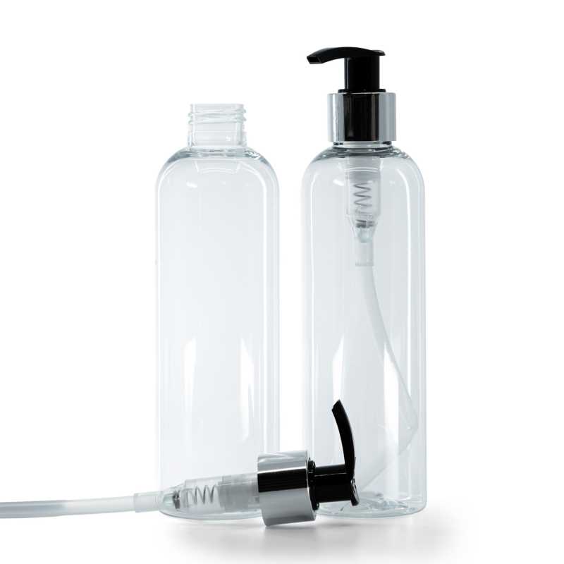 Botella de plástico transparente, dispensador negro y plateado, 250 ml