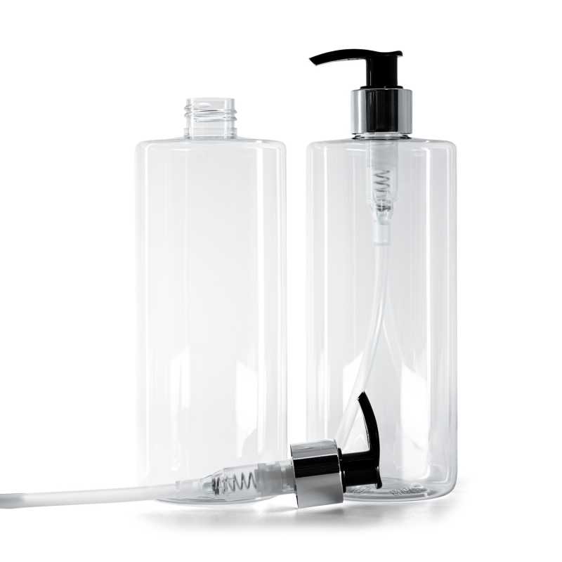Botella de plástico transparente, dispensador negro y plateado, 500 ml
