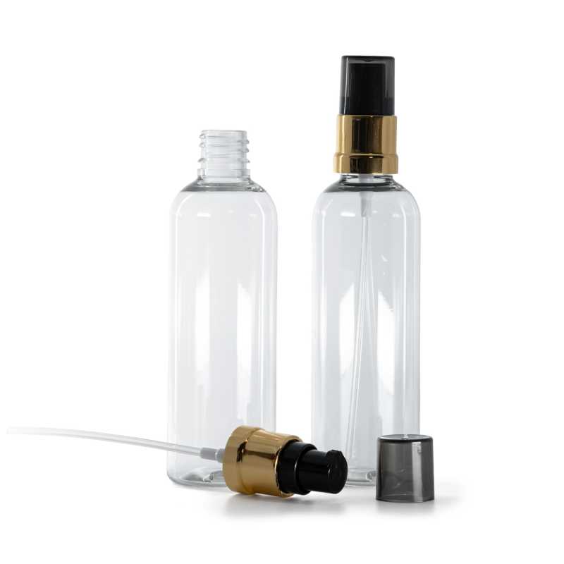 Frasco de plástico transparente, dispensador negro y dorado brillante con sobretapa ahumada, 100 ml