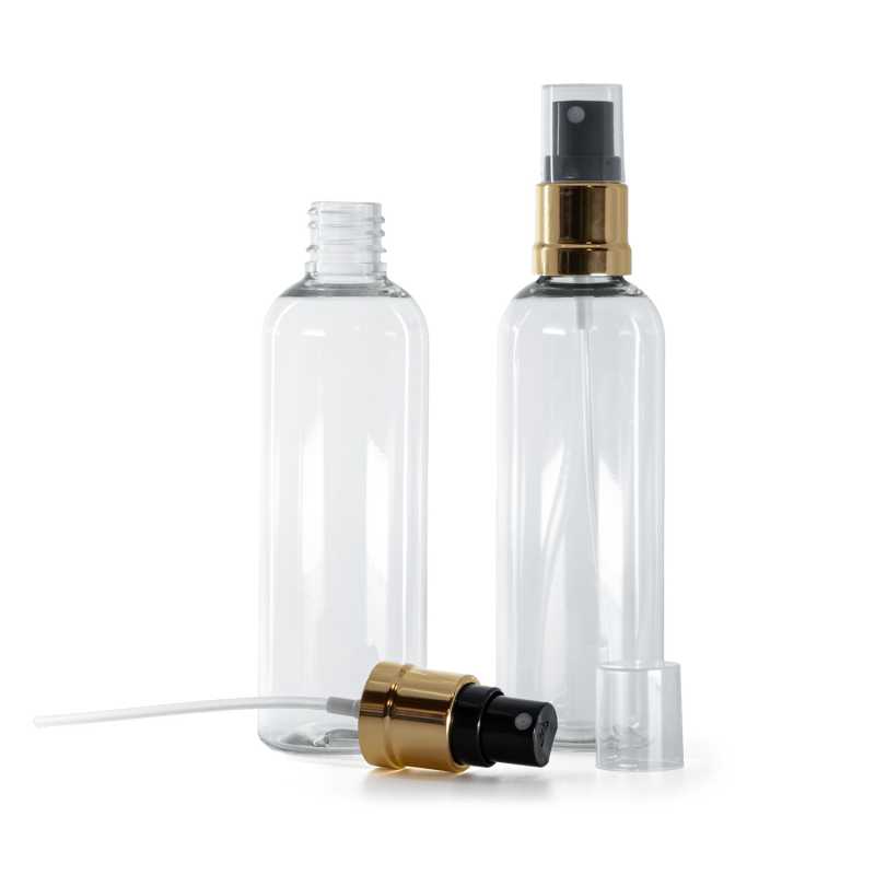 Botella de plástico, transparente, pulverizador negro dorado, 100 ml