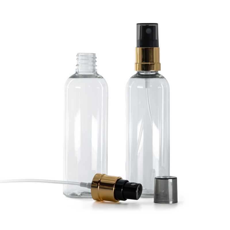 Botella de plástico transparente, pulverizador negro y dorado, sobretapa ahumada, 100 ml