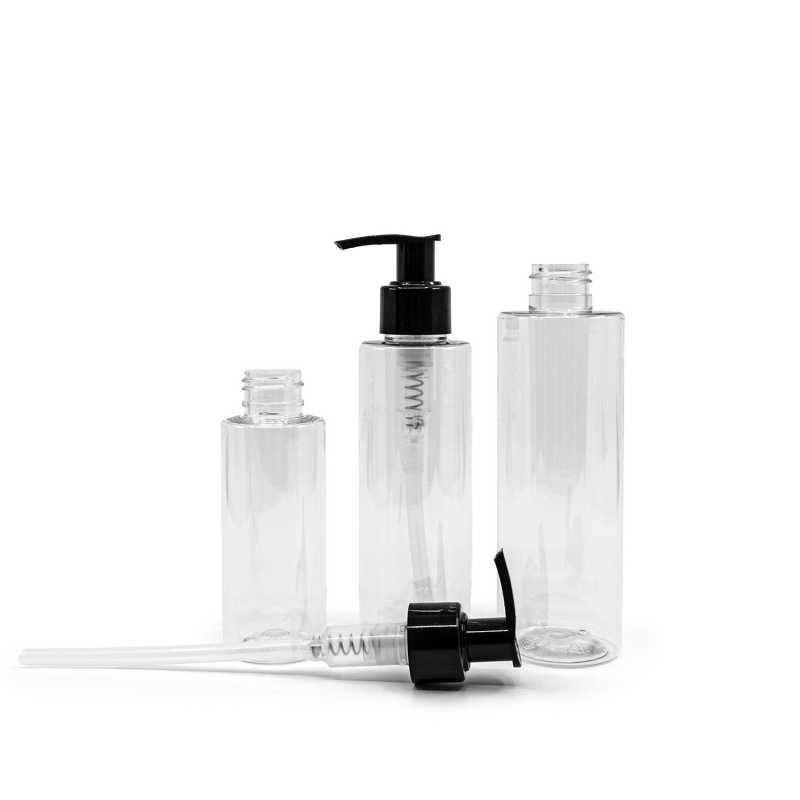 Botella de plástico transparente, dispensador negro, 150 ml