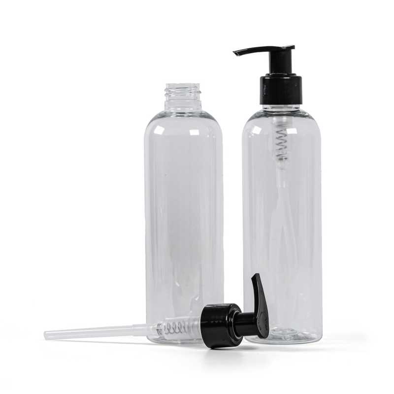 Botella de plástico transparente, dispensador negro, 250 ml