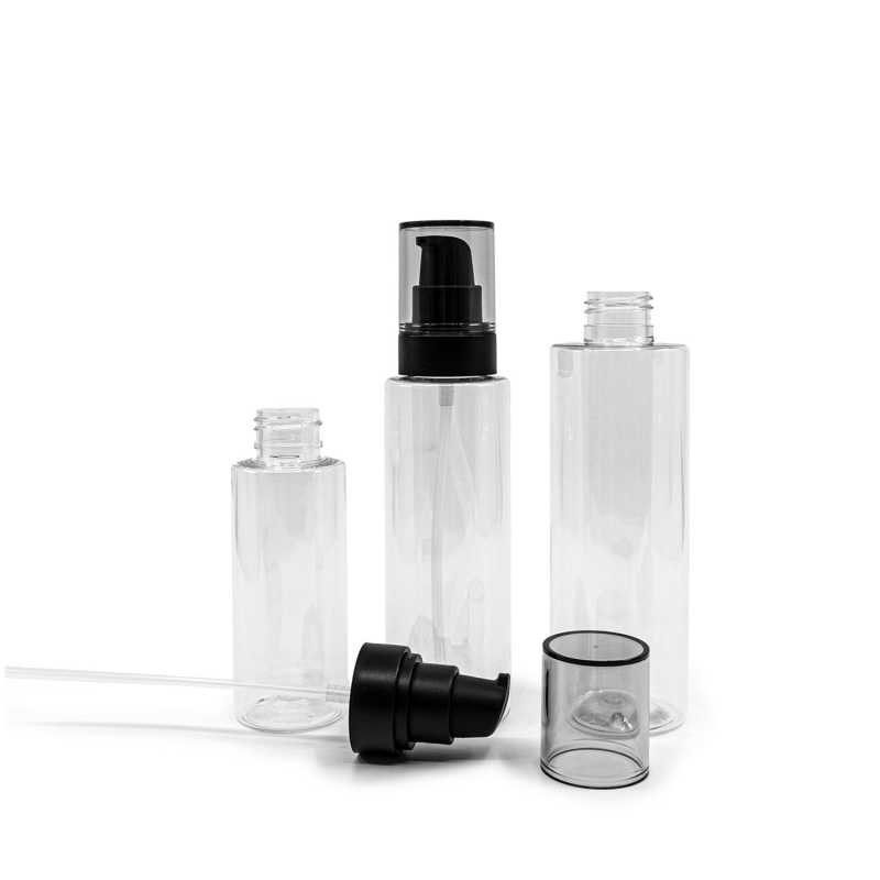 Botella de plástico transparente, dispensador negro con sobretapa ahumada, 200 ml