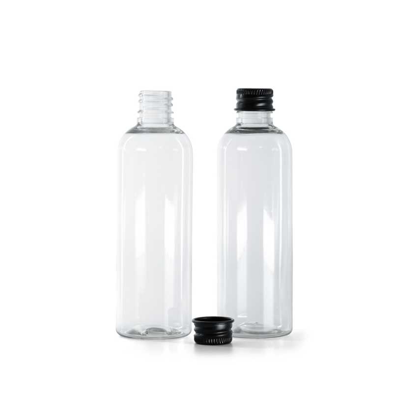 Botella de plástico, transparente, tapón de aluminio negro, 100 ml