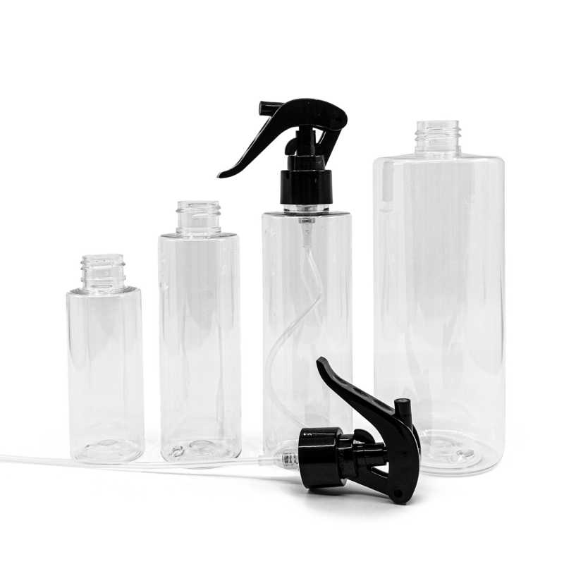 Botella de plástico transparente, pulverizador de gatillo negro, 200 ml
