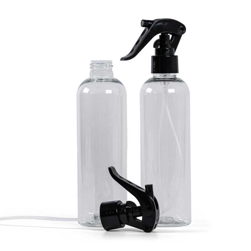 Botella de plástico transparente, pulverizador de gatillo negro, 250 ml