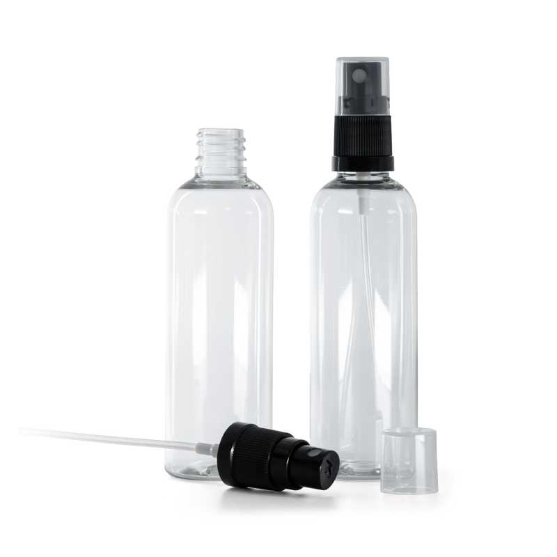 Frasco de plástico transparente, pulverizador negro, 100 ml