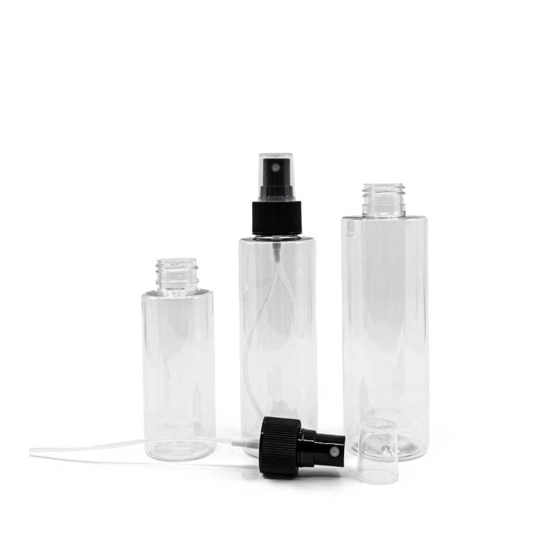 Botella de plástico transparente, pulverizador negro, 150 ml