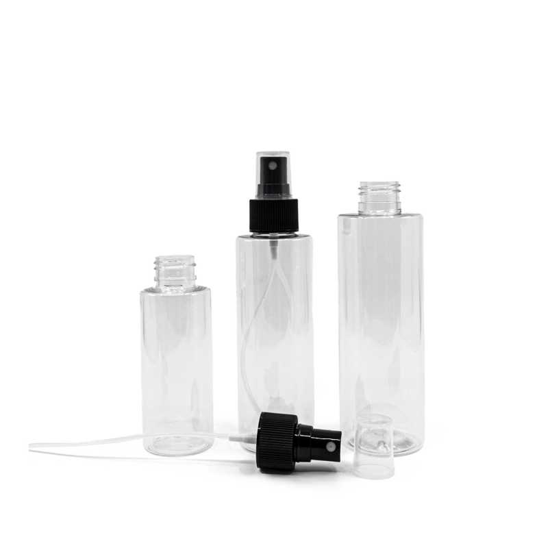 Botella de plástico transparente, pulverizador negro, 200 ml