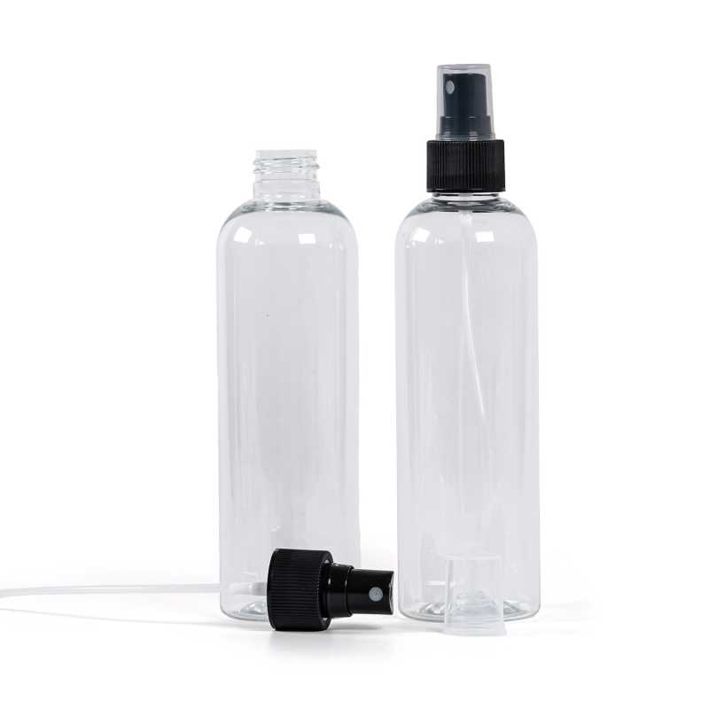 Botella de plástico transparente, pulverizador negro, 250 ml