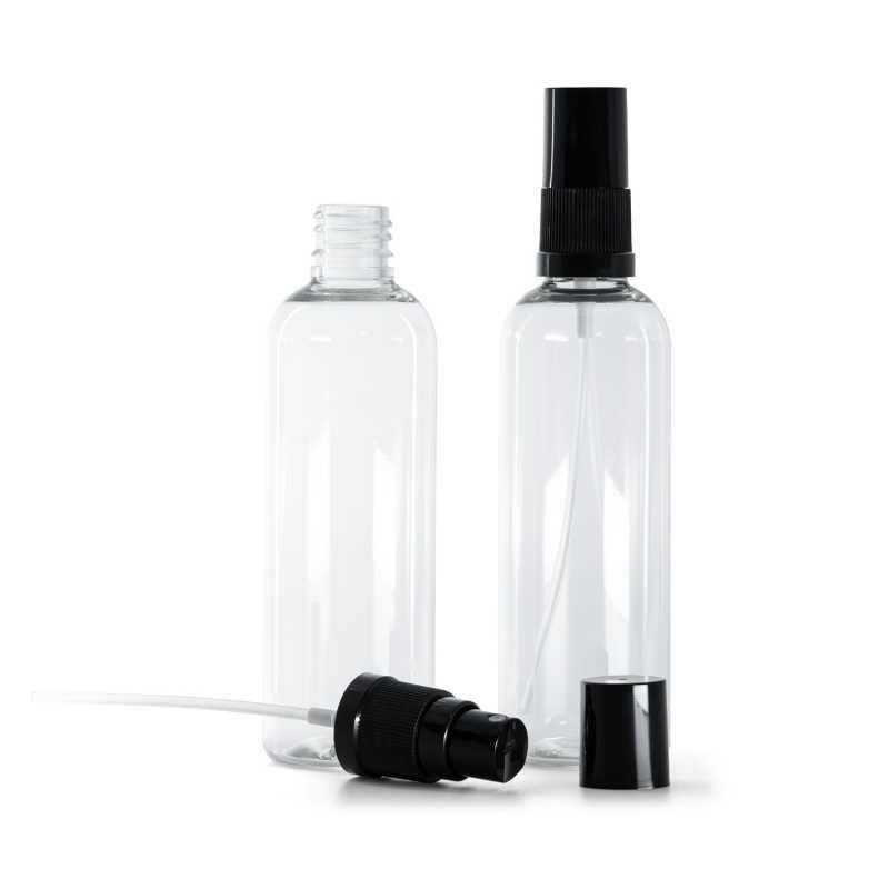 Botella de plástico, transparente, pulverizador, negro, 100 ml