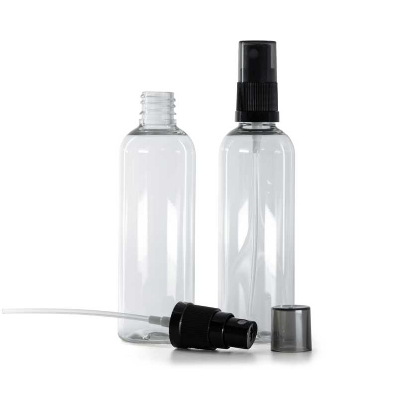 Botella de plástico transparente, pulverizador negro, sobretapa ahumada, 100 ml