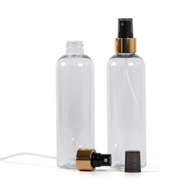 Botella de plástico transparente, pulverizador negro, anillo dorado brillante, 250 ml