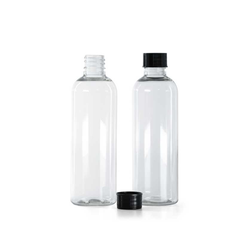 Botella de plástico, transparente, tapón negro, 100 ml