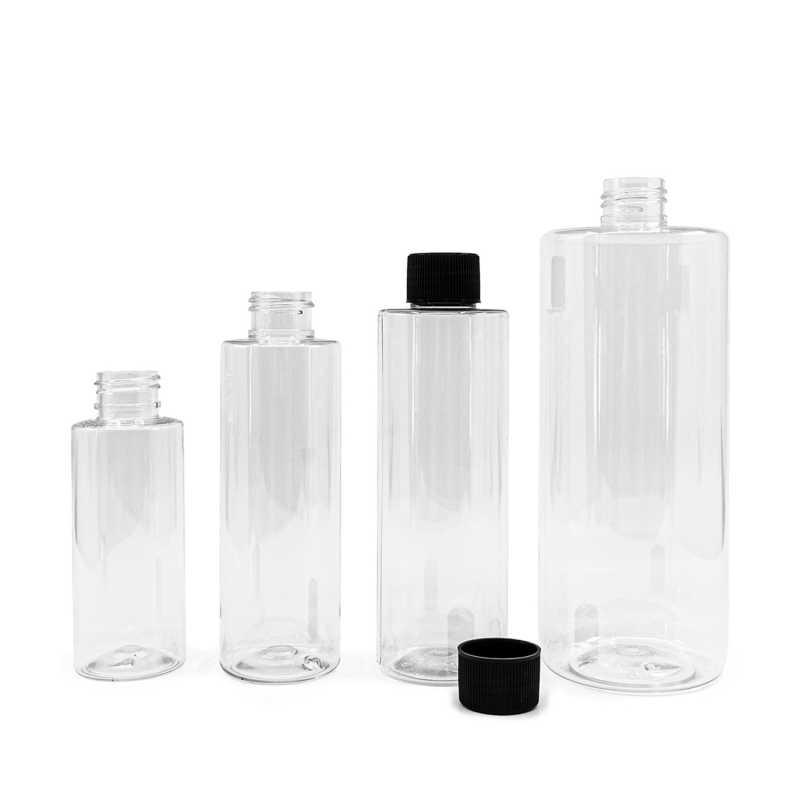 Botella de plástico transparente, 200 ml, tapón estriado negro