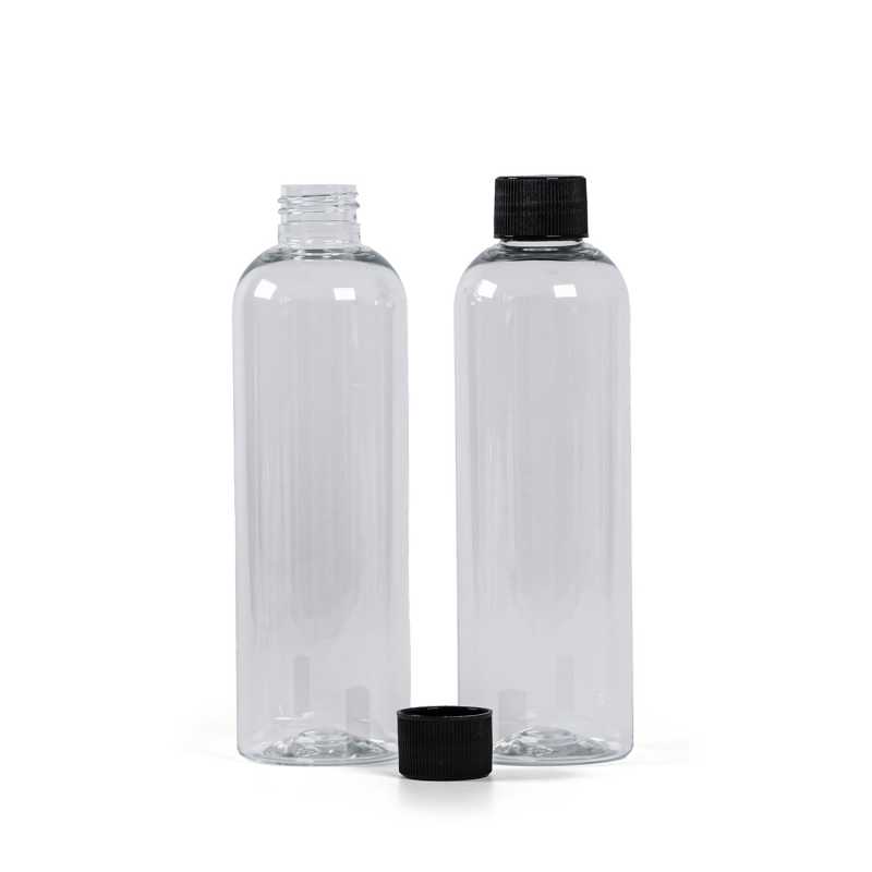 Botella de plástico transparente, 250 ml, tapón estriado negro