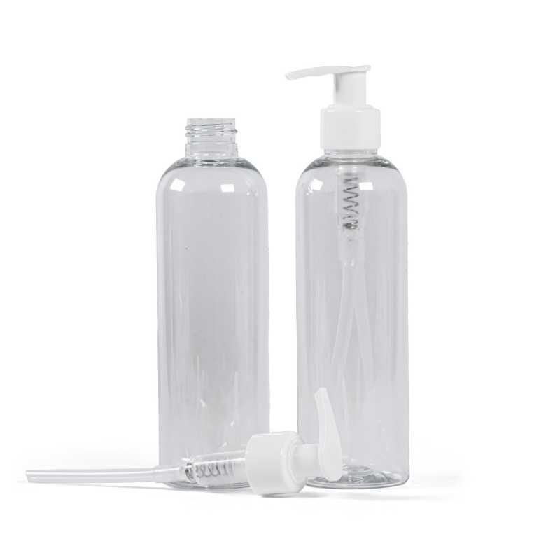 Botella de plástico transparente, dosificador blanco, 250 ml