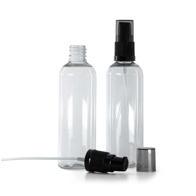 Botella de plástico transparente, bomba para loción con sobretapa ahumada, 100 ml