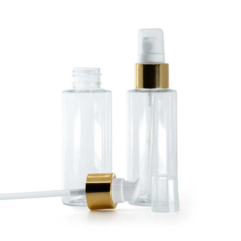 Frasco de plástico transparente, bomba para loción con sobretapa, blanco-dorado, 100 ml