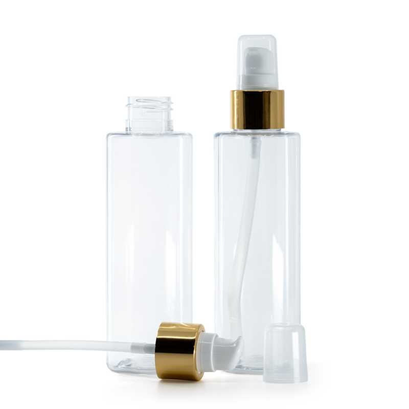 Botella de plástico transparente, dispensador con sobretapa, blanco y dorado, 150 ml