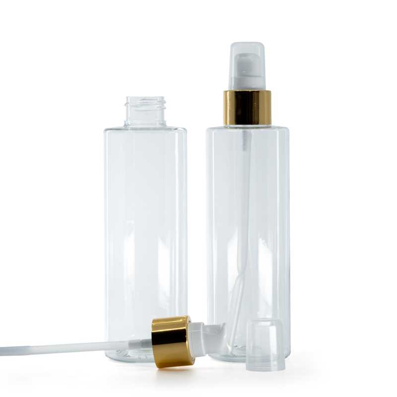 Botella de plástico transparente, dispensador blanco con sobretapa, dorado, 200 ml