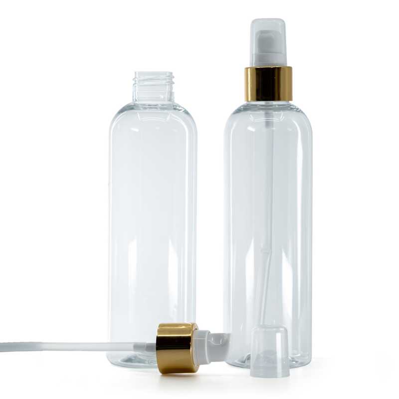 Botella de plástico transparente, bomba loción blanca con sobretapa dorada brillante, 250 ml