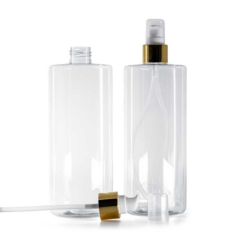 Botella de plástico transparente, bomba loción blanca con sobretapa, dorado brillante, 500 ml