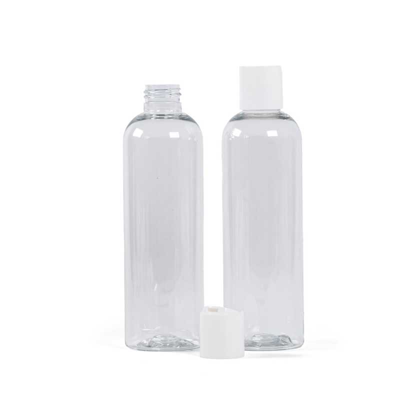 Botella de plástico transparente, tapón disc-top blanco, 250 ml