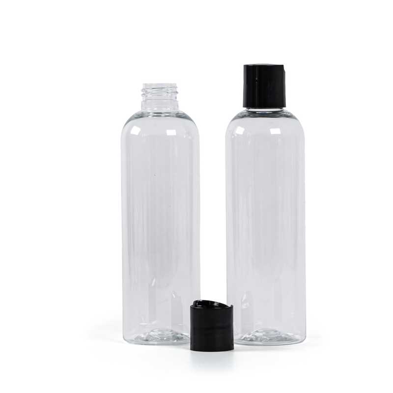 Botella de plástico transparente, tapón disc-top negro, 250 ml