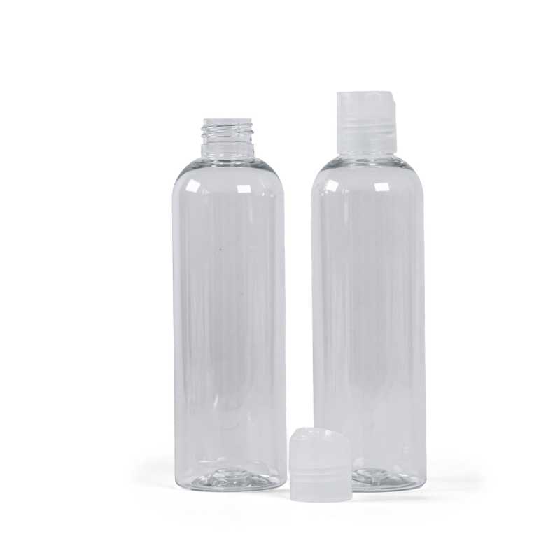 Botella de plástico transparente, tapón disc-top transparente, 250 ml
