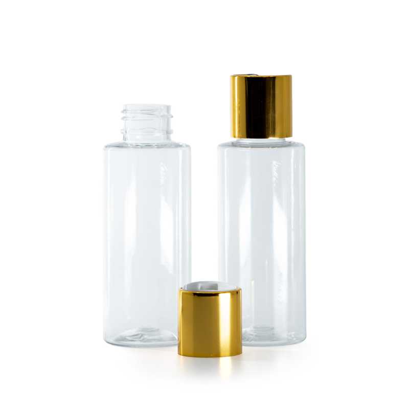 Frasco de plástico transparente, tapón disc-top, dorado, inserto blanco, 100 ml