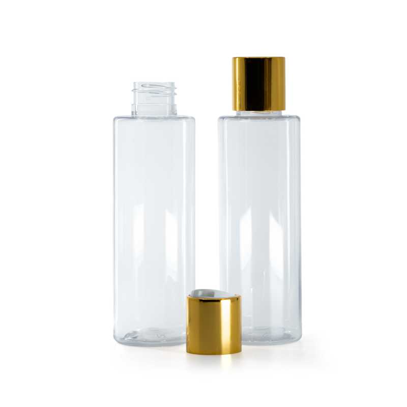 Botella de plástico transparente, tapón disc-top dorado, centro blanco, 150 ml
