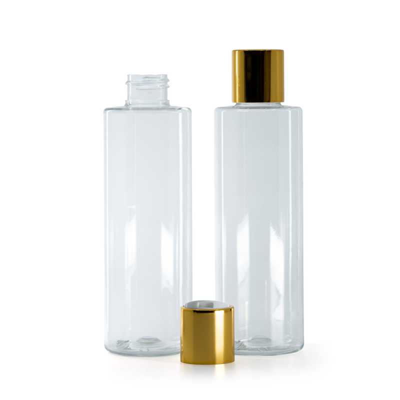 Botella de plástico transparente, tapón disc-top dorado con inserto blanco, 200 ml