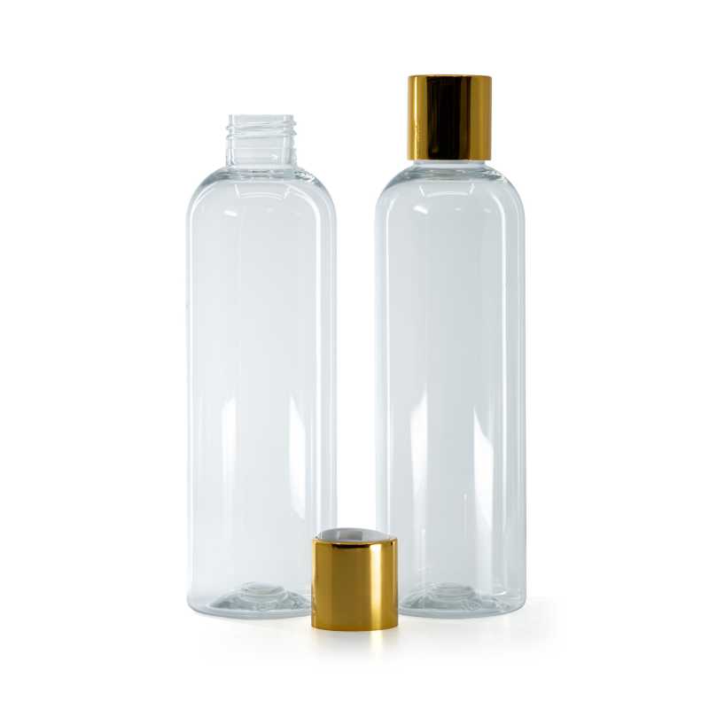 Botella de plástico transparente, tapón disc-top dorado con inserto blanco, 250 ml