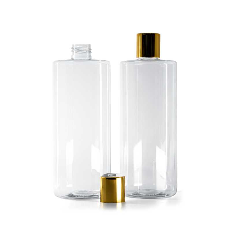 Botella de plástico transparente, tapón disc-top dorado con inserto blanco, 500 ml