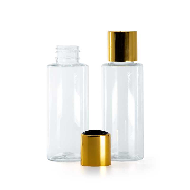Frasco de plástico transparente, tapón disc-top negro con collar de aluminio dorado, 100 ml