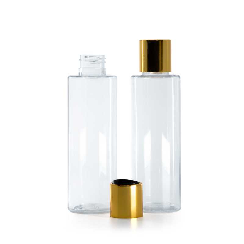 Botella de plástico transparente, tapón disc-top negro con collar de aluminio dorado, 150 ml