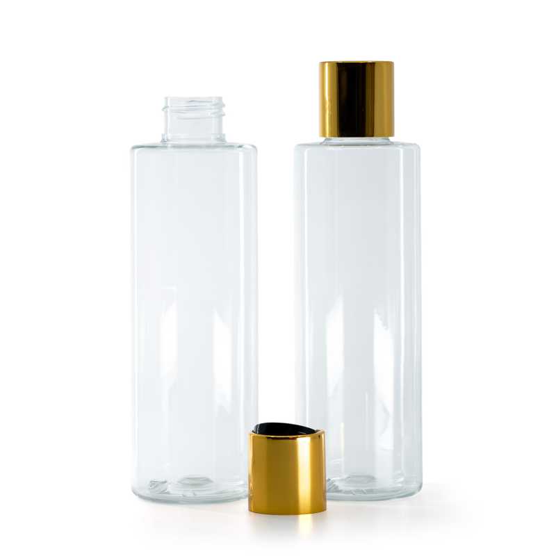 Botella de plástico transparente, tapón disc-top negro con collarín de aluminio dorado, 200 ml