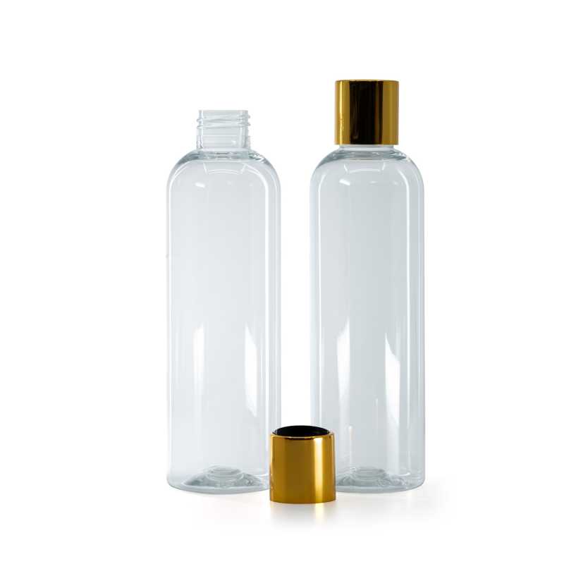 Botella de plástico transparente, tapón disc-top, dorado, inserto negro, 250 ml